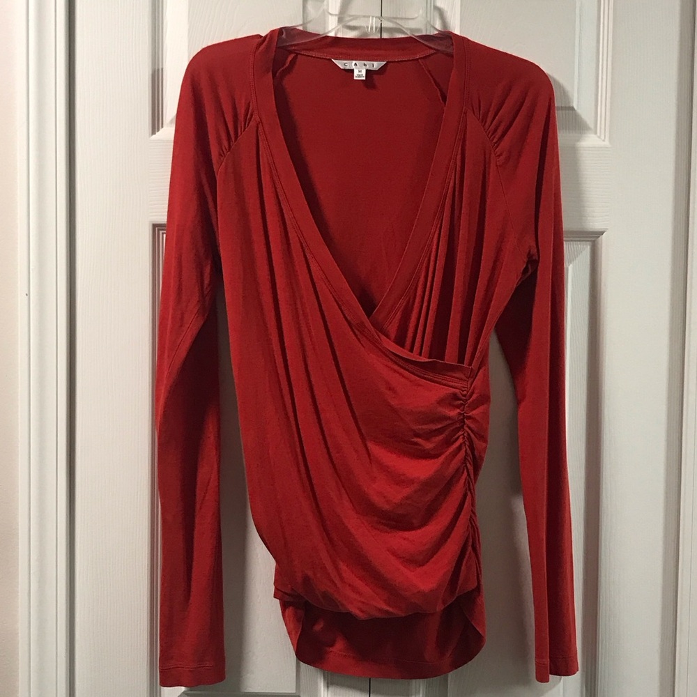 CAbi Hanky Ballet Wrap Red Long Sleeve Ruched Top